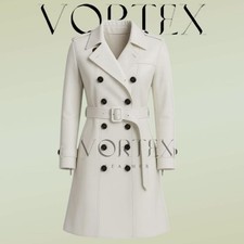 Women's White Real Cowhide Leather Trench Coat Double Breasted Long Belted Coat