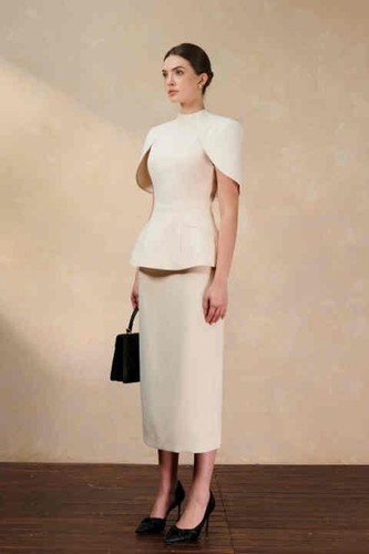 Women's Elegant Beige Skirt Suit Short Sleeves Business Wedding Formal Custom - Picture 4 of 9