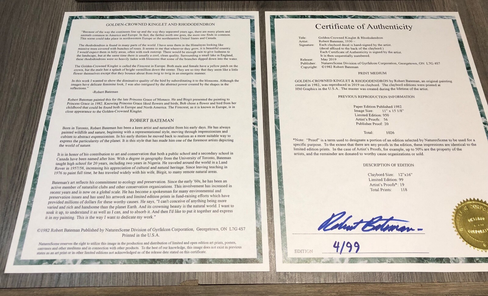 Robert BATEMAN GoldenCrowned Kinglet & Rhododendron Giclee on