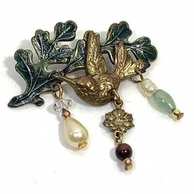 SILVER FOREST Enamel Bird Leaf Pin Dangle Pearls Stone Beads Bronze Green 1.5''