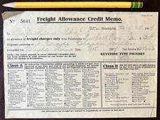 1907 PHILADELPHIA FREIGHT ALLOWANCE CREDIT MEMO KEYSTONE TYPE FOUNDRY
