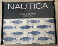 Nautica Bed Sheet Full Set 4-Piece Machine Wash Cotton in Woodblock Fish Blue
