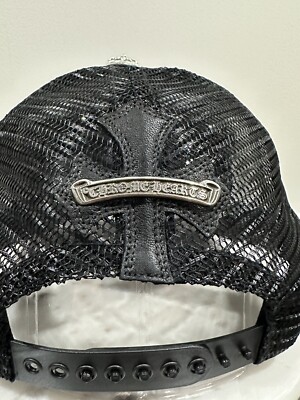 Chrome Hearts Leather Cemetery Cross Patch Black Trucker Hat Chrome Hearts Leather Cemetery Cross Patch Black Trucker Hat