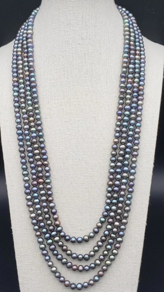 Collar de ópera interminable súper largo vintage de perlas plateadas pavo real 5-6 mm 100 pulgadas Foto 4 de 4