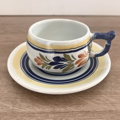 Vintage 1930s Henriot Quimper France #80 Tea Cup and Saucer Breton Mistra Floral