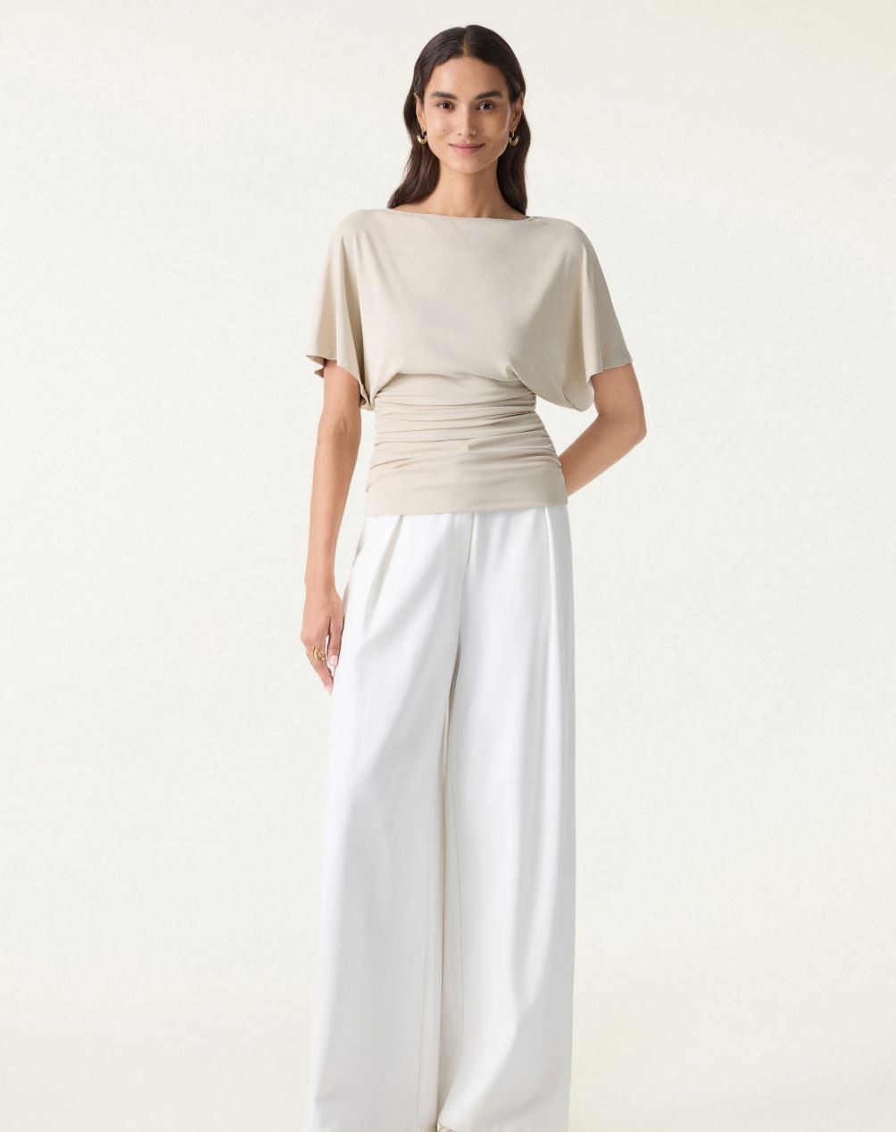 Sandwashed Boatneck Top M Morning Mist Batwing Sleeve Ruched Modal Shirt Blouse