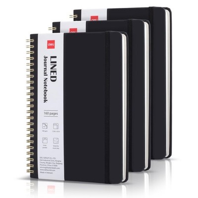 Deli 3-Pack Lined Spiral Journal Notebook Black, 160 Pages, A5 3 Pack, Black 