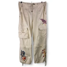 Nasty Gal Cargo Pants Women’s 8 Embroidered Sequin Floral Bird Y2K Streetwear 