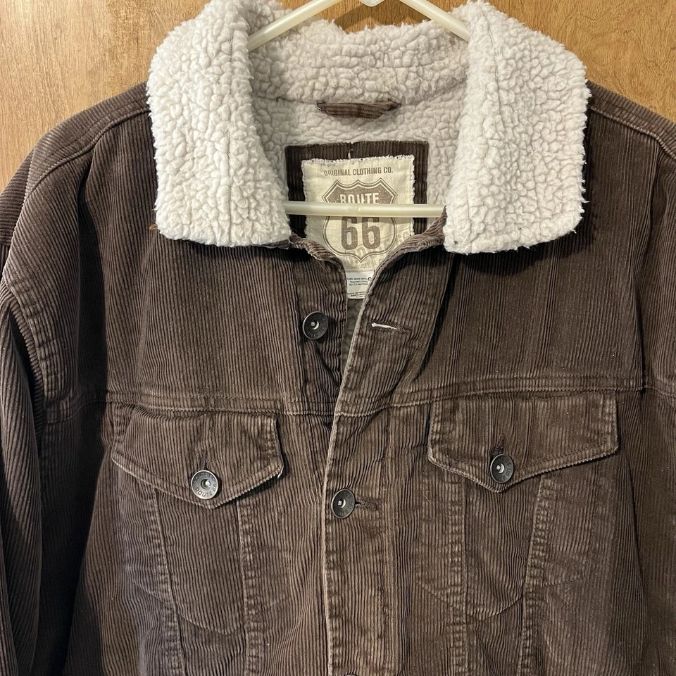 Authentic Route 66 Brown Corduroy Jacket Men’s Size Large Sherpa Collar & Lining - Image 2 of 4