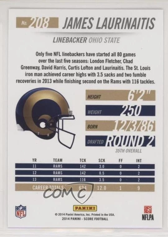 2014 Panini Hot Rookies Gold Zone /50 James Laurinaitis #208 - Image 2 of 2