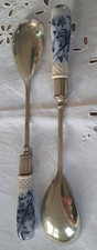 2pc Salad Server Set Silverplate Blue & White Floral Ceramic Handles 29cm