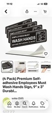  4 Pack Employees Must Wash Hands Sign, 9" x 3" Self Adhesive