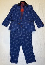 ELPA Boys Blue Windowpane Check 3 Piece Suit Set Jacket Pants Vest Size 110 5-6
