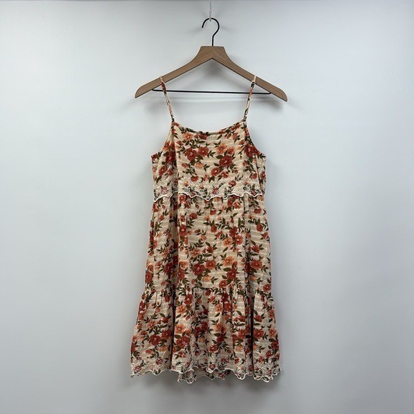 American Eagle Autumn Floral Embroidered Tiered Swing Mini Dress Beige Small