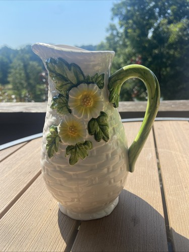 Vintage Geo. Z. Lefton #4126 Rustic Daisy Basket Weave Ceramic Pitcher - Japan