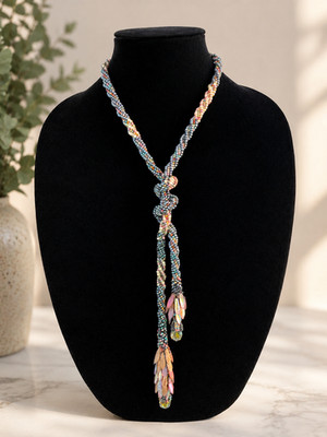 Handmade Beaded Lariat Necklace   36  Spiral Rope with Dagger Beads & Vintage Cr