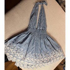 LoveShackFancy Blue Tencel Embroidered Halter Mini Dress Scalloped Hem Small