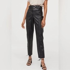 NWT H M Faux Black Leather pants tapered leg High waist Detachable belt Sz 6