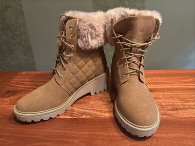 Nicole Miller New York Camel Faux Fur Lace Up Quilted Latte Boots Size 9