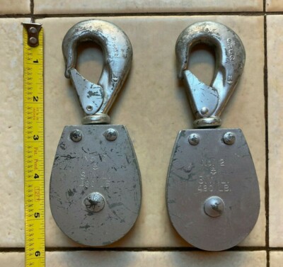 Two (2) ea 2'' Swivel hook pulley blocks, single sheave, with safety latch, 1/4''
