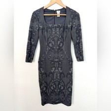 Vintage 90s Y2K Brocade Print Stretchy Knit Bodycon Mini Dress Gray Size Small
