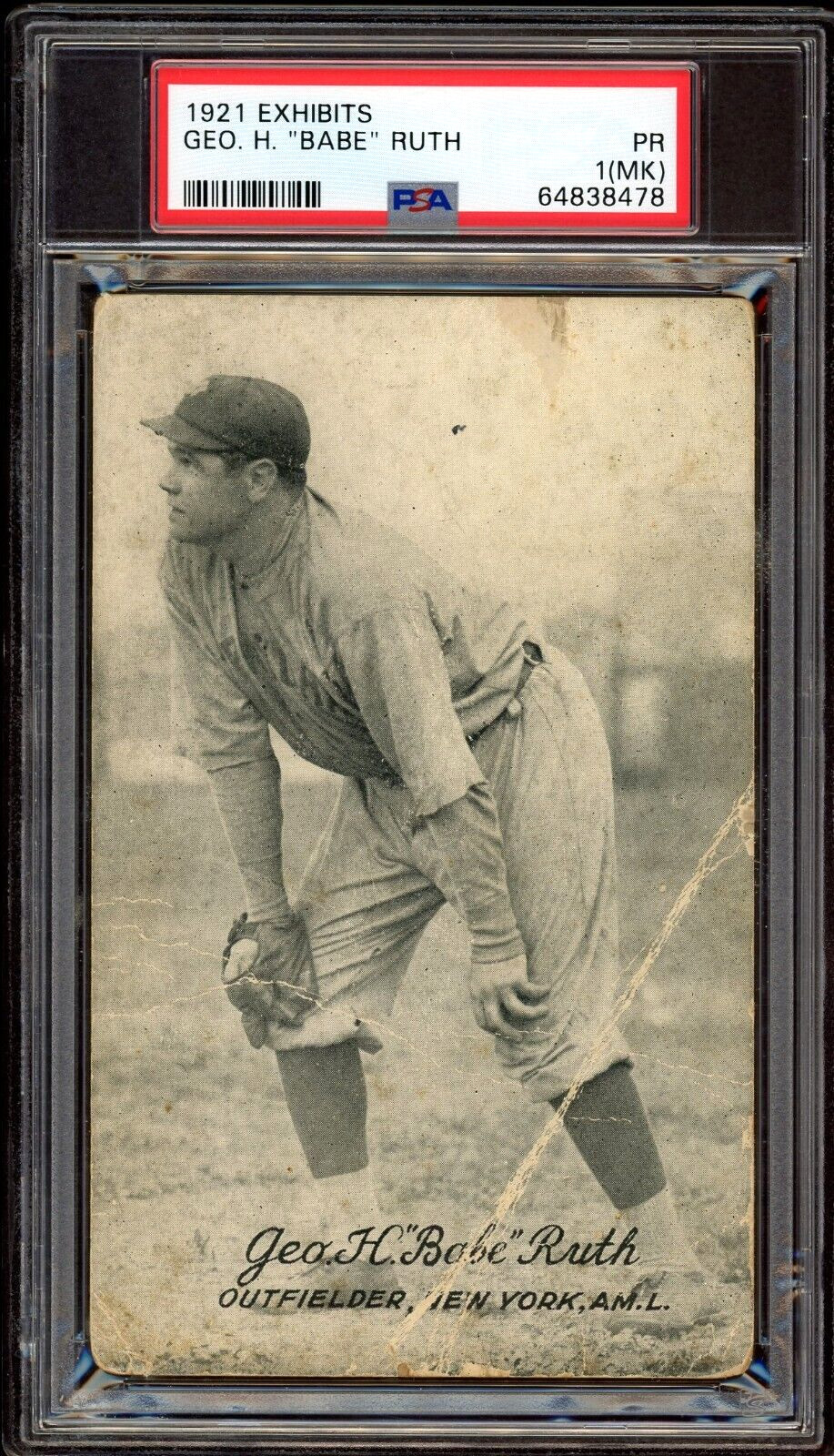 1921 Exhibits Geo. H Babe Ruth Card Yankees HOF - Certified PSA 1 MK - RARE Card