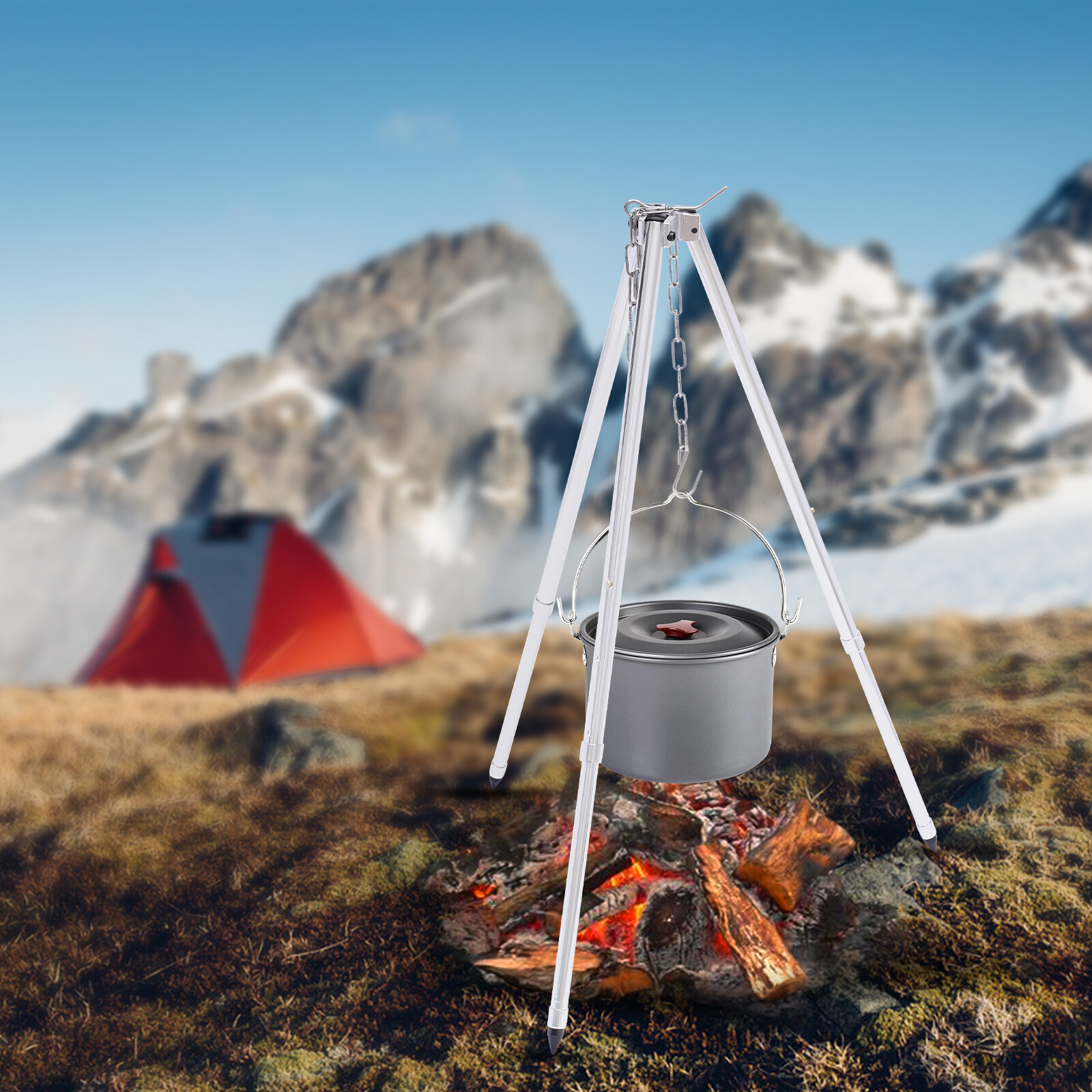 Camping Grill Cooking Equipment Barbecue Tripod Ring Hook Hanging Pot