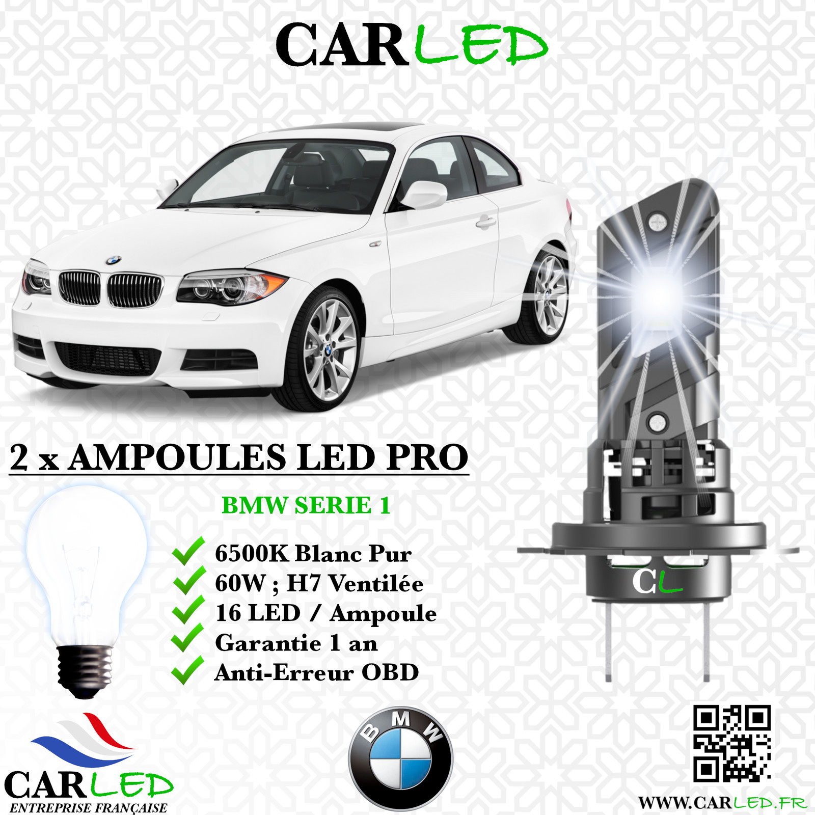 Kit ampoule LED BMW Série 1 E81 E82 E87 E88 d'éclairage blanc pur 6000K pour phares