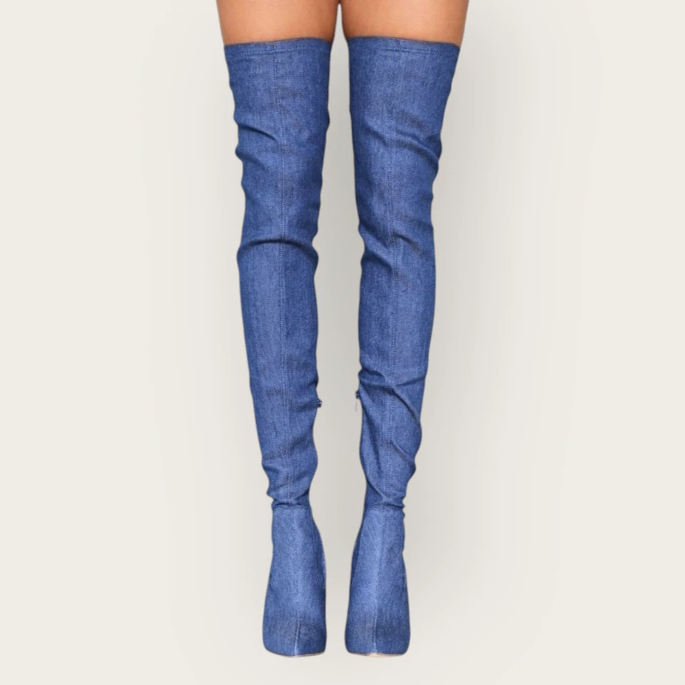 Liliana Mujer Azul Denim Hasta el Muslo Elastizado Tacones de aguja Cremallera Botas Talla 10 Foto 2 de 4