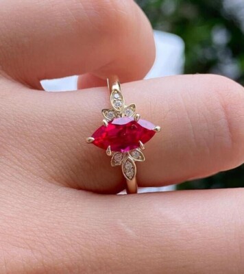 Marquise Cut Simulated Red Ruby Women's Engagement Ring 14k Yellow Gold Plated