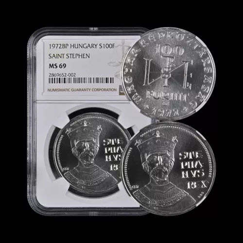 HUNGARY. 1972, 100 Forint, Silver - NGC MS69 - Top Pop 🥇 Saint Stephen, RARE