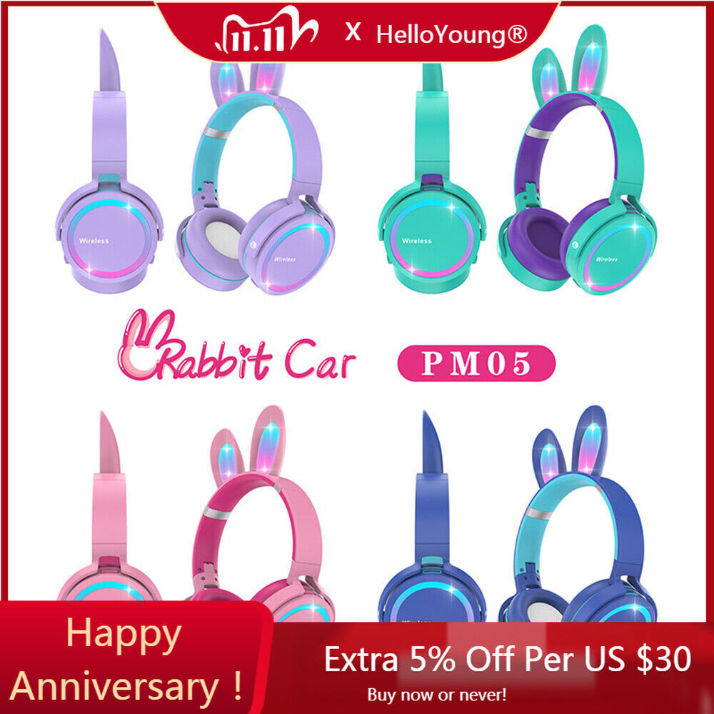 Wireless Earphones Rgb With Rabbit Ears Headset Mic Cute Girls Music  Bluetooth