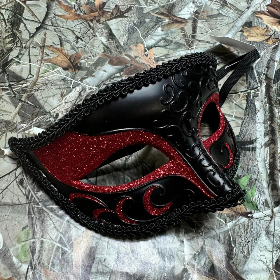 Black with Red Glitter Charming Men's Masquerade Ball Mask - Image 2 of 4