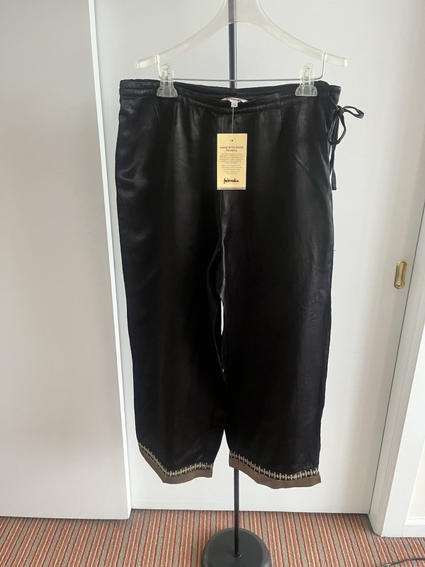 NWT Fabindia Cotton Satin PALAZZO IJAR Dress PANT WIDE LEG Black & Gold Brocade