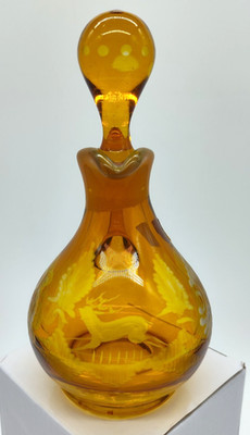Egermann Bohemian Czechoslovakia Stag Amber Cut To Clear 6'' Cruet Vtg w/ Label