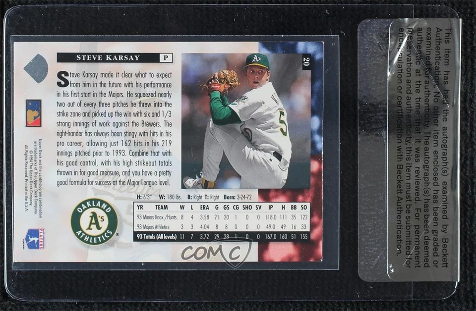 BAS 1994 Upper Deck Steve Karsay #20 Seal of Authenticity Auto - Image 2 of 2