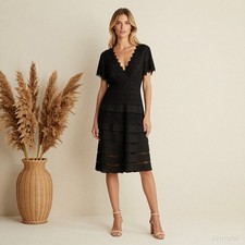 Evening Cocktail Midi Dress Black Lace Pencil V-Neck Short Sleeve Zip Glam US 10