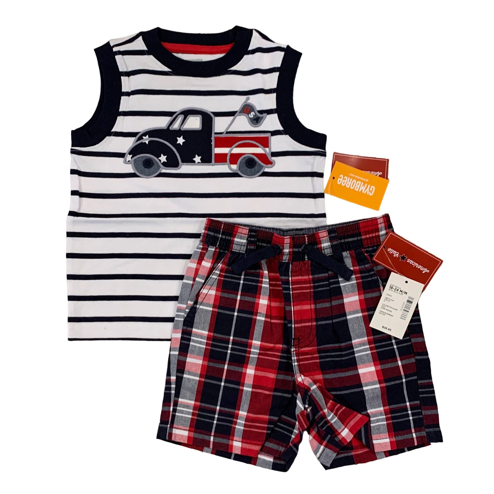 NWT Gymboree Boys Patriotic Truck Applique Tank & Plaid Jogger Shorts -12-18M