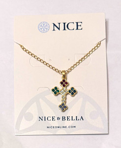 Authentic Nice & Bella Gold Plated Cable Chain Necklace Multicolor Crystal Cross Pendant