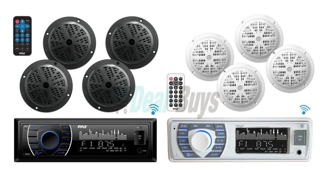 Pyle Bluetooth Marine Receiver Stereo & Speaker Kit 4 6.5” Waterproof Speakers