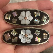Lot of 2 Alpaca Hair Clip Barrette Flower Mother of Pearl Abalone Inlay Mexico