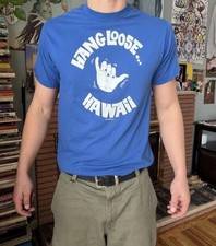 Vintage Design T's Shirt Mens S/M Blue Hang Loose Hawaii Surf Graphic 80s