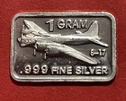 1 Gram Solid Silver Bar With B-17 Bomber Image! Fine .999 Pure Silver!