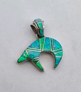 Sterling Silver Navajo Opal Inlay Bear Pendant "J. Charlie" Touch of Santa Fe