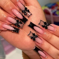  Press on Nails Long Square Fake Nails Black French Tips False W1-10Black Bow