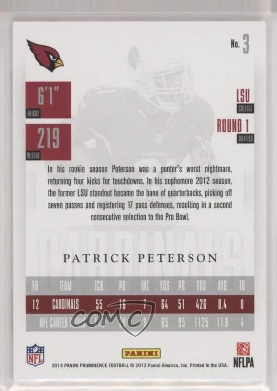 2013 Panini Prominence Gold /199 Patrick Peterson #3 - Image 2 of 2