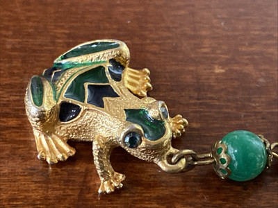 Vintage Signed Florenza Frog Key Chain Enamel Green Blue Gold Tone Collectible