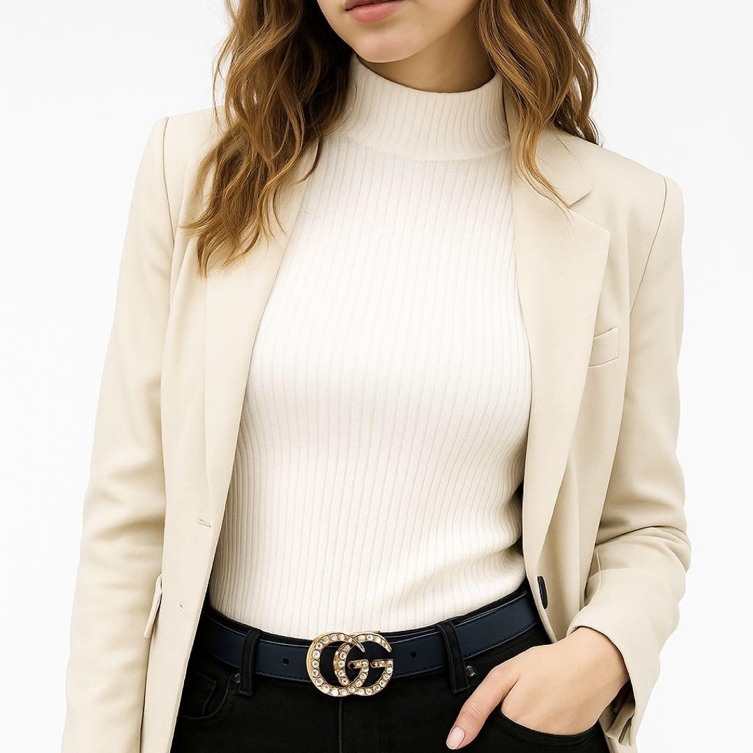 Gucci Marmont Leather Belt with Pearl Decoration Michele Period