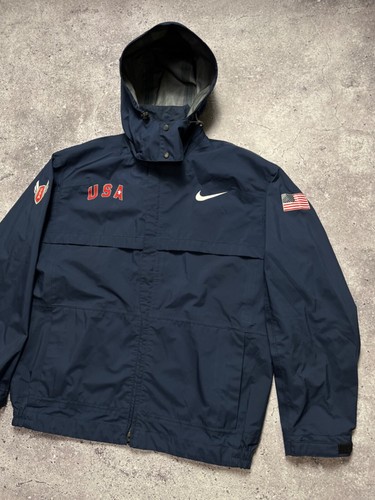 NIKE Team USA Vintage Olympic Dark Blue Hooded Waterproof Jacket Size Mens M 90s - Picture 2 of 24