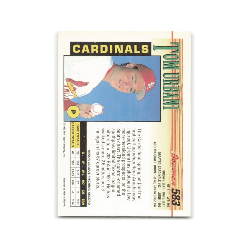 Tom Urbani Rookie 1993 Bowman #583 St. Louis Cardinals Baseball Card NM - Image 2 of 3